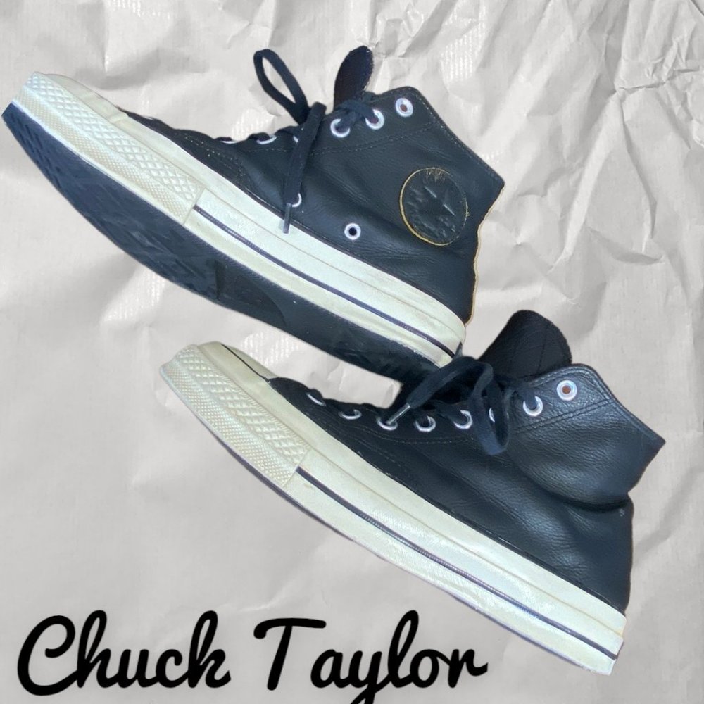 CHUCK TAYLOR CONVERSE ALL STAR BLACK LEATHER HIGH TOPS (W10/M8) - Picture 4 of 7
